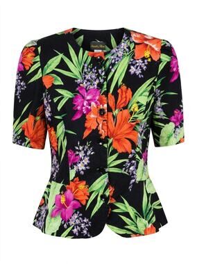 Vintage Stuart Alan Made in USA Black Floral Peplum Blouse Women Size 14